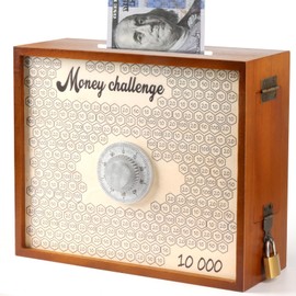 Mczxon 10000 Savings Challenge Box with Lock, Large Wooden 10k Money Saving Box Saver $10,000 Reusable Coin Money Challenge Cash Vault Saving Box Tracker Number Piggy Bank for Adults Kids, Brown
