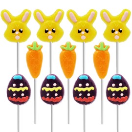 Happy Easter Lollipops Suckers, Colorful Easter Eggs, Yellow Bunny Rabbit, Orange Carrot Designs Fat-Free, Individually Wrapped Easter Pops (12-Pack, Easter Variety Pack)