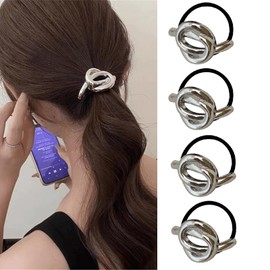 papasgix Metal Hair Ties, Metal Geometric Elastic Hair Ties, Hair Cuff Wrap Hair Ties for Thick Hair Gold Ponytail Cuff Elastic Hair Ties for Women Hair Accessories (Silver Set 06)