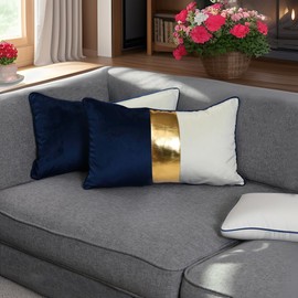 Navy Blue Gold Leather Patchwork Velvet Throw Pillow Covers 12x20 Set of 2 Luxury Modern Home Decor Cushion Cover Decorative Pillow for Couch Living Room Bedroom Car