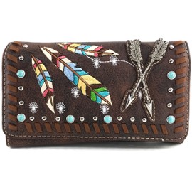 Justin West Native Color Feather Arrow Turquoise Stud Weave Fringe Conceal Carry Shoulder Handbag Purse | Trifold Wallet (Brown Wallet Only)