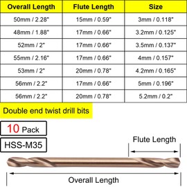 WONAIER HSS Cobalt Drill Bit Double End 1/8”, M35 Stubby Body Twist Drill Bit Set for Hardened Metal, Stainless Steel, Iron, Plastic and Wood 10Pcs 3.2mm/0.125”