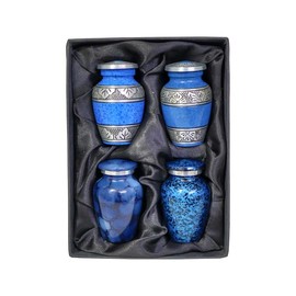 THE ASCENT MEMORIAL Blue Small Keepsake Urns Set of 4 for Human Ashes | Mini Cremation Ash Container for Funeral Remains | Four Velvet Carry Bag | Paper Funnel | Blue RoKiS4