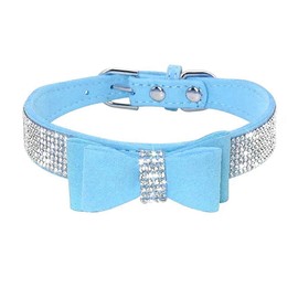 Haoyueer Rhinestone Dog Collar, Cute Dazzling Sparkling Soft Suede Leather Dog Cat Rhinestone Collar Crystal Diamond Pet Dog Puppy Collar (M 32-38 cm, Blue-1)