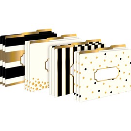 Barker Creek Designer File Folder and Library Pocket Set, Gold, 12 Colorful File Folders printed on 14pt stock and 30 Coordinating Peel & Stick Library Pockets, Home, School and Library Supplies(4411)