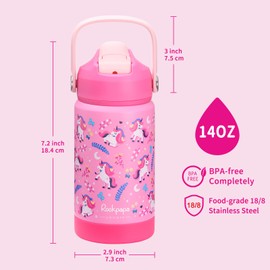 rockpapa Kids Insulated Water Bottle with Straw, BPA-Free, 18/8 Stainless Steel, Leak Proof, 14OZ Metal Cup Water Bottle for School Boys Girls (Pink Unicorn)