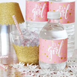 Pink and Gold It's a Girl Baby Shower Water Bottle Labels - 24 Stickers