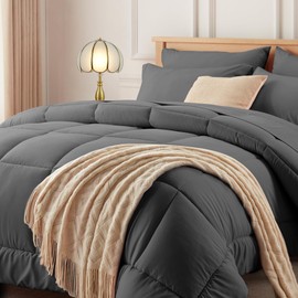 Newspin Queen Comforter Set Grey - Bed in a Bag Queen Size 7 Pieces, All Season Bed Set, Fluffy Comforter Set with Sheets, Sheet Set Quilt Blanket, Pillowcases & Shams