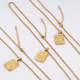 HIJONES Stainless Steel Initial Pendant Necklace for Women Men Hip Hop Gold Capital Alphabet Chain Square Charm Rolo Chain Letter B