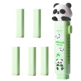 ZHjuju Cute Panda Eraser Set - Retractable Kawaii with Slider Mechanism, 1 Eraser Case + 5 Refills, Green, 10 x 2.5 cm, Perfect for School, Office, Home, Drawing & Writing