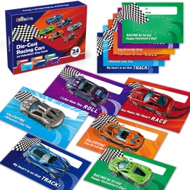 Shemira Valentine's Day Cards for Kids- 24 Metal Die-Cast Racing Cars with Valentine's Cards Bulk, Valentine's School Classroom Exchange Gifts, Valentine's Party Favor Supplies for Kids, Valentine Prizes