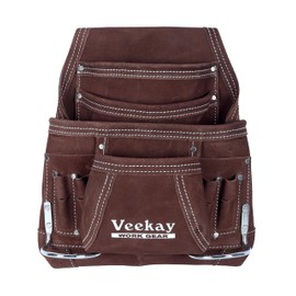 VEEKAY 10 Pocket Brown Leather Tool Pouch Suede Leather Tool Fastener Carpenter's Nail & Tool Bag Heavy Duty Steel Hammer Loop, Belt Loop for Electrician Technician Installers