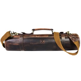 Leather Knife Roll Storage Bag, Elastic and Expandable 10 Pockets, Adjustable/Detachable Shoulder Strap, Travel-Friendly Chef Knife Case (Dark Brown, Leather)