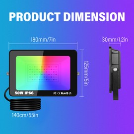 PICAA 50W Smart RGB LED Floodlight, 5000LM Outdoor +16 Million Colors, Wireless APP Control, Music Sync, Timer, Scene Modes, IP66 Waterproof, Disco Party Garden Lighting with UK Plug(1 Pack)