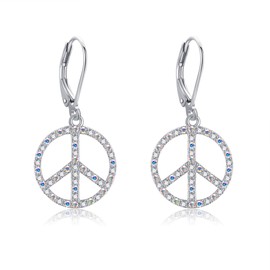 Peace Sign Earrings Sterling Silver Colourful Rainstone Peace Sign Drop Earring for Women Hippie Accessories Jewellery for Women, Sterling Silver