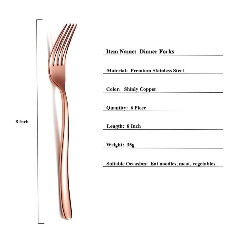 Copper Dinner Forks 6 Piece, Stainless Steel 8'' Forks Silverware