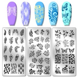 PH PandaHall 3pcs Nail Stamp Plates, 55 Patterns Flower Butterfly Nail Stamper Plant Nail Art Stencils Print Nail Stencils Stainless Steel Nail Image Plates for Nail Art Design