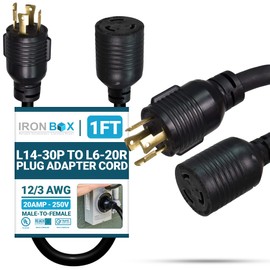 IronBox Electric - NEMA L14-30P to L6-20R Plug Adapter Cord - Rated for 20A, 250V - 12/3 AWG Wire - Power Cable for Generators, RV, Electrical Equipment - Ideal for Indoor/Outdoor Use (1 Foot, Molded)