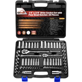 EPAuto 69 Pieces - 1/4" & 3/8" Drive Socket Set with Pear Head Ratchet, Chrome (92-824)