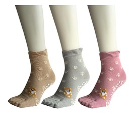 Mode Select Women's 5 Toe Socks, Sports, Anti-slip, Shiba Inu and Footprint Pattern, 5 Toe Socks, Yoga Socks, Loose, Elastic Mouth, Cotton Blend, 3 Pairs Set (Colors Available), Black, Pink, Grey,