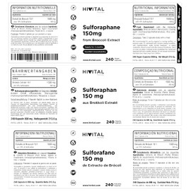 Sulforaphan 150 mg. 240 vegane Kapseln für eine 4-monatige Kur. Natürlicher Brokkoliextrakt, 10:1 konzentriert, 10% Sulforaphan, liefert 150 mg Sulforaphan. Hergestellt von HIVITAL