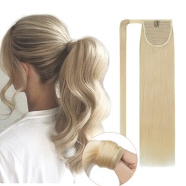 S-noilite Hair Extensions Ponytail Extensions Human Hair 18 Inch 90g Bleach Blonde Wrap Around Long Straight Ponytail Remy Hair Extensions Clip in Ponytail Hair Extensions with Magic Paste,#613