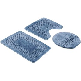 Home Must Haves Bath Set 3 Piece Light Blue Patchwork Pattern Bathroom Rug (18"x29"), Large Contour Mat (18"x19"), Lid Cover (18"x18")