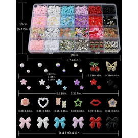 3D Nail Charms and Gems 4000 Pcs Charms for Nails Design Nail Bows Flowers Heart Cherry Butterfly Star Rose Lip and Bear with Nail Rhinestones and Nail Pearls