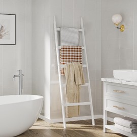 Blanket Ladder Towel Racks For Bathroom 5 Layers Towel Holder 100% Bamboo Wood Sturdy Construction No Need Wall Drilling Quilt Scarf Storage Solution Decorative Leaning Shelf for Living Room (White)