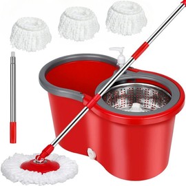 Spin Mop Bucket with Wringer Set, Operable 360 ° Rotating Mop Bucket Set, with 3 Microfiber Replacement Head ,Stainless Steel Mop Bucket 61 Inch Adjustable Handle Household Cleaning Tools Black Plastic:_Red