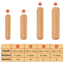 260 Pcs Wooden Dowel Pins 4 Sizes Fluted Wood Dowels Rods 1/4in x 1-3/16in, 5/16in x 1-3/16in, 5/16in x 1-1/2in, 3/8in x 1-1/2in, Hardwood Dowels Wooden Peg, Used for DIY Crafts, Furniture, Door