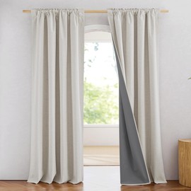 NICETOWN 100% Blackout Snowbound Linen Curtains 90 inches Length with Thermal Insulated Liners for Bedroom, 2 Panels, 52" W, Farmhouse Style Room Cooling Window Draperies for Living Room