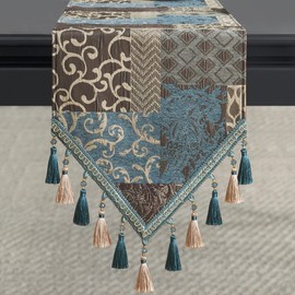 Loom and Mill Luxury Table Runner 72 Inches Long, Patchwork Chenille Damask Jacquard Dining Table Runners with Multi-Tassels for Dining Room Dresser Party Holiday Banquet Decorations (Blue,13*72 inch)