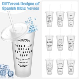 Hushee 10 Set Spanish Christian Tumblers with Lids Straws Reusable Plastic Cups Religious Gifts for Easter Church Office Party Favors, 24 oz(Clear)