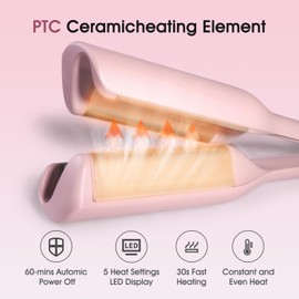 Tieumioe Beach Wave Curling Iron Deep Waver Hair Tool, Mermaid Hair Waver for Women Crimper, Anti-Scald, Dual Voltage, 1.4 Inch Ceramic Double Barrel Wavy Curling Iron, Pink