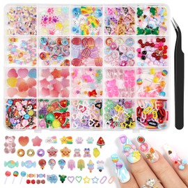 Kikonoke 400PCS Kawaii Nail Art Kit with 100 Soft Clay Slices 300 3D Resin Candy Fruit Donut Star Charms for Acrylic Nails Supplies with Tweezers for DIY Crafts Slime and Shoe Decor