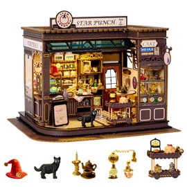 OurMiao Miniature House Kit Magic Coffee Shop, DIY Miniature Dollhouse Kit for Adults, Tiny House with Furniture & LED Lights, Wooden Craft Mini Model Kits, Birthday Gift for Teens Family Friends