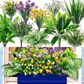 Knitgrip 24 Pcs Artificial Flowers for Outdoor Window Box, Artificial Fake Plants Plastic UV Resistant Wildflowers Greenery Shrubs for Spring Summer Garden Patio Front Porch Yard Decor(Classic)