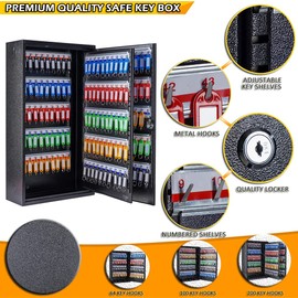 Furnishh Key Box Wall Mount 200 Position Metal Locking Key Cabinet Organizer with Key Tags Key Safe Security Storage Lockbox Holder for Valets, Hotels, Car and House Keys, Key Keeper Box - Black