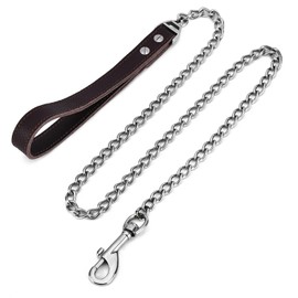 YOTHIWAD Metal Dog Lead, Strong Heavy Duty Chew Resistant Dog Lead, Durable Stainless Steel, Comfortable Genuine Leather Handle, Walking Training Lead for Medium Large Dogs (120 cm)