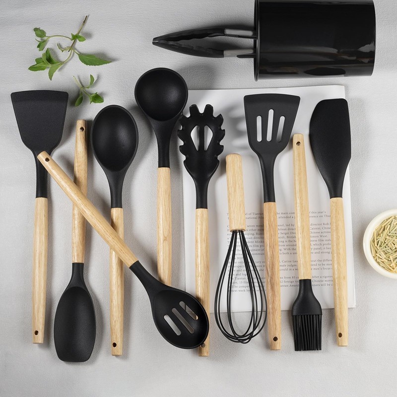 TTSTOIEE Kitchen Utensils Set, 11 Pieces, Wooden Handles, Black