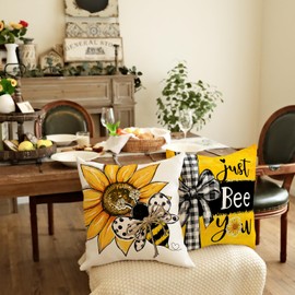 GEEORY Summer Pillow Covers 18x18 Inch Set of 4, Sunflowers Just Bee You Home Sweet Home Black Yellow Farmhouse Decorative Throw Pillowcases for Sofa G707-18