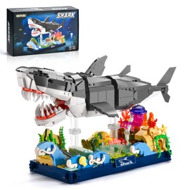 ONITUOFO Mechanical Shark Building Set for Adult,Movable Fish Ocean Building Blocks with Display Base,Deep Sea Animal Collection Toy for Home Office Decor,STEM Gift for Teens Boys 8-14 (1031PCS)