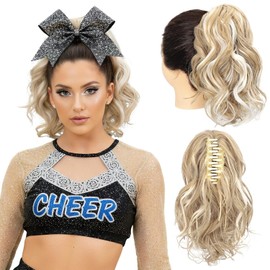 SEIKEA 10" Short Claw Highlight Ponytail Extension, PT001 Ella Wavy Thick Jaw Clip in Hair Extensions Ponytail Soft Natural Looking Synthetic Hairpiece Medium Golden Blonde White Blonde Highlights