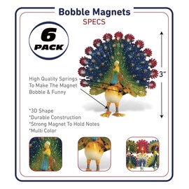CoTa Global Peacock Refrigerator Bobble Magnets Set of 6 - Assorted Color Fun Cute Wild Life Animal Bird Bobble Head Magnets For Kitchen Fridge, Home Decor, Cool Office and Decorative Novelty - 6 Pack