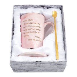Funny Mothers Day Gifts Mom Marble Ceramic Coffee Cup, Best Birthday Gifts for Mom from Daughter Son Coffee Cup with Dear Mom, Thanks for Putting up with a Spoiled. Love, Your Favorite, 14Oz Pink