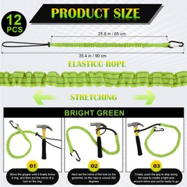 12 Pack Tool Lanyard with Single Metal Buckle and Adjustable Loop End, Standard Length, Maximum Weight Limit 8KG/ 17.6lb, with Aluminum Screw Lock, Retractable Shock Cord Stopper (Green)
