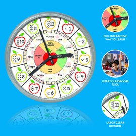 Reloj de pared educativo – Reloj de enseñanza del tiempo de movimiento silencioso para aulas de profesores y dormitorios de niños (plateado y multicolor manzana)
