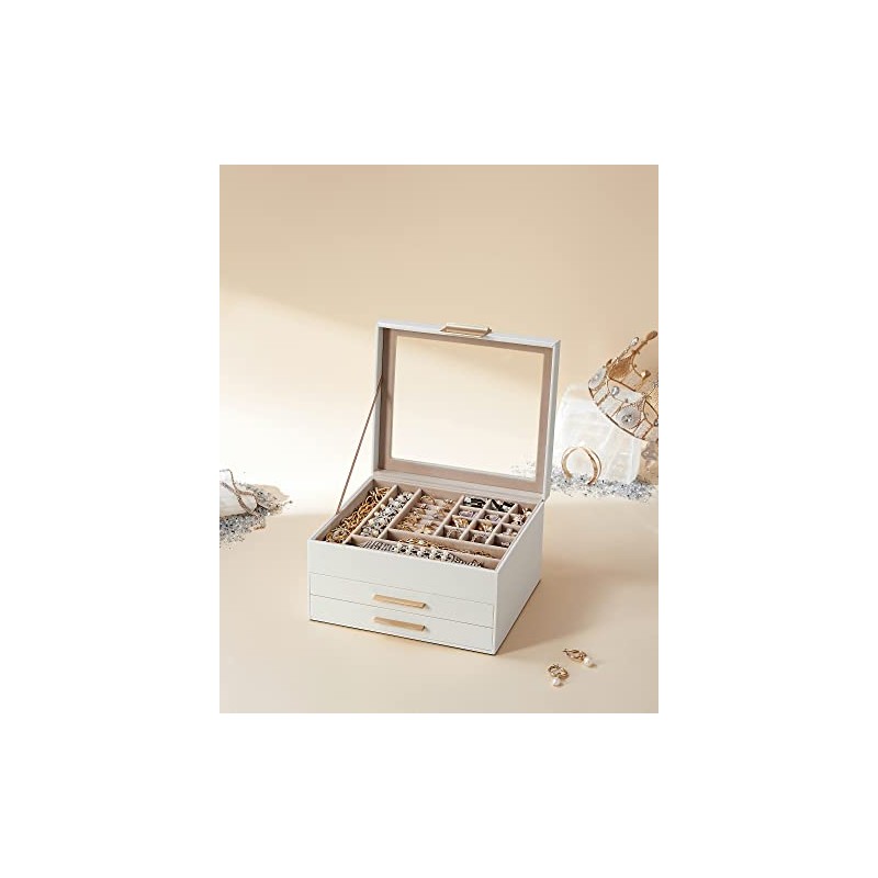 SONGMICS Caja de Joyas, 3 Niveles, Tapa de Cristal, 2
