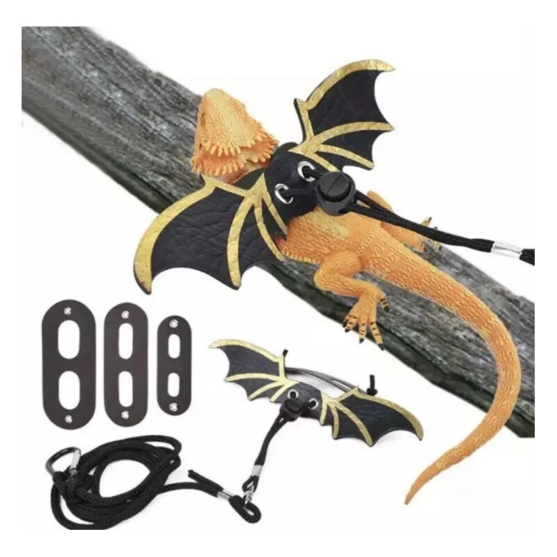 Bearded Dragon Leash Harness, 3 Size Pack Black Leather Wing